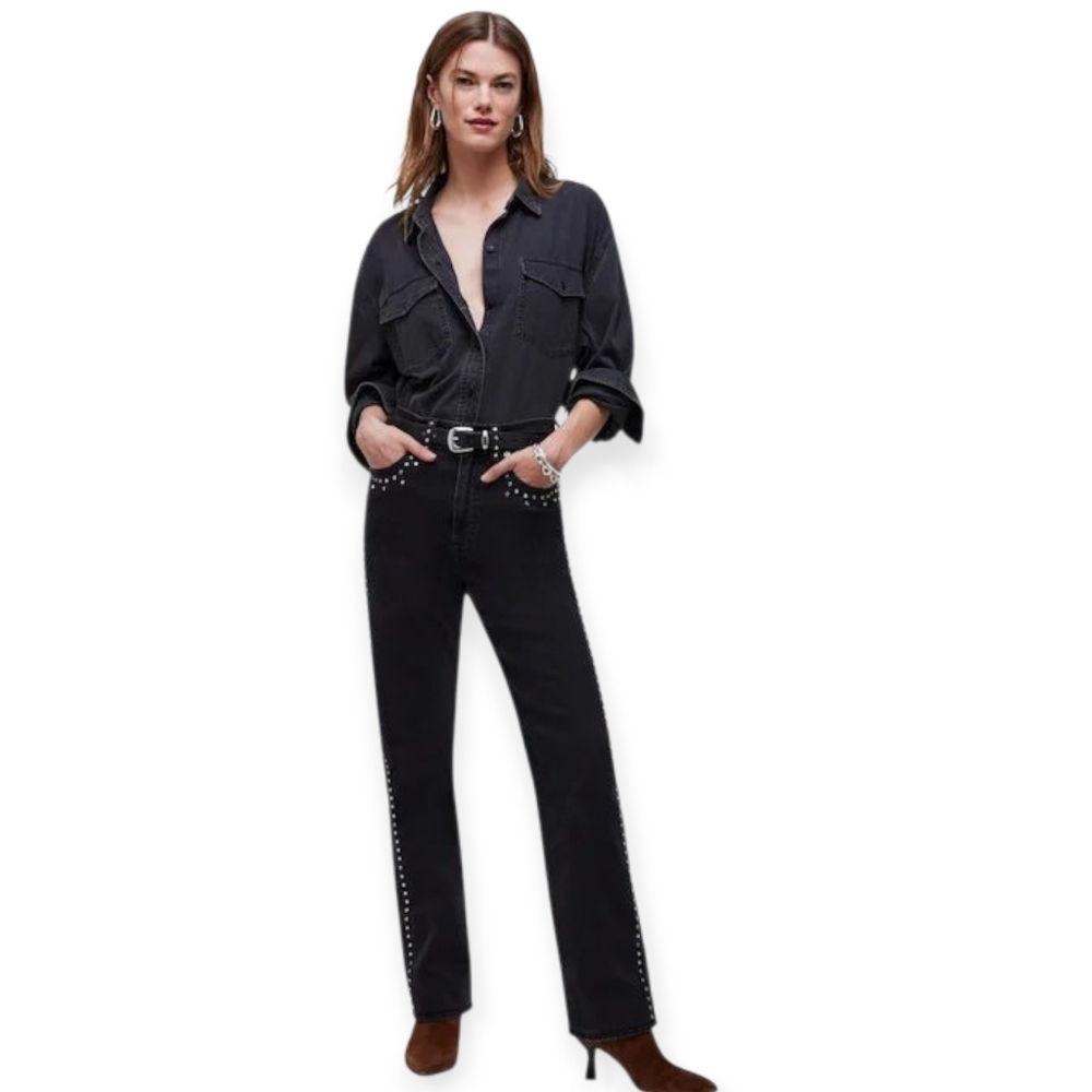Madewell Limited-Edition Drop: The 90's Straight Black Studded Jeans Womens Plus